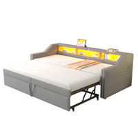 BETT 90/180 x 200 cm mit Auszug, USB und LED – inkl. 2 Matratzen - Hellgrau, Textil (90/200cm) - BEAOK