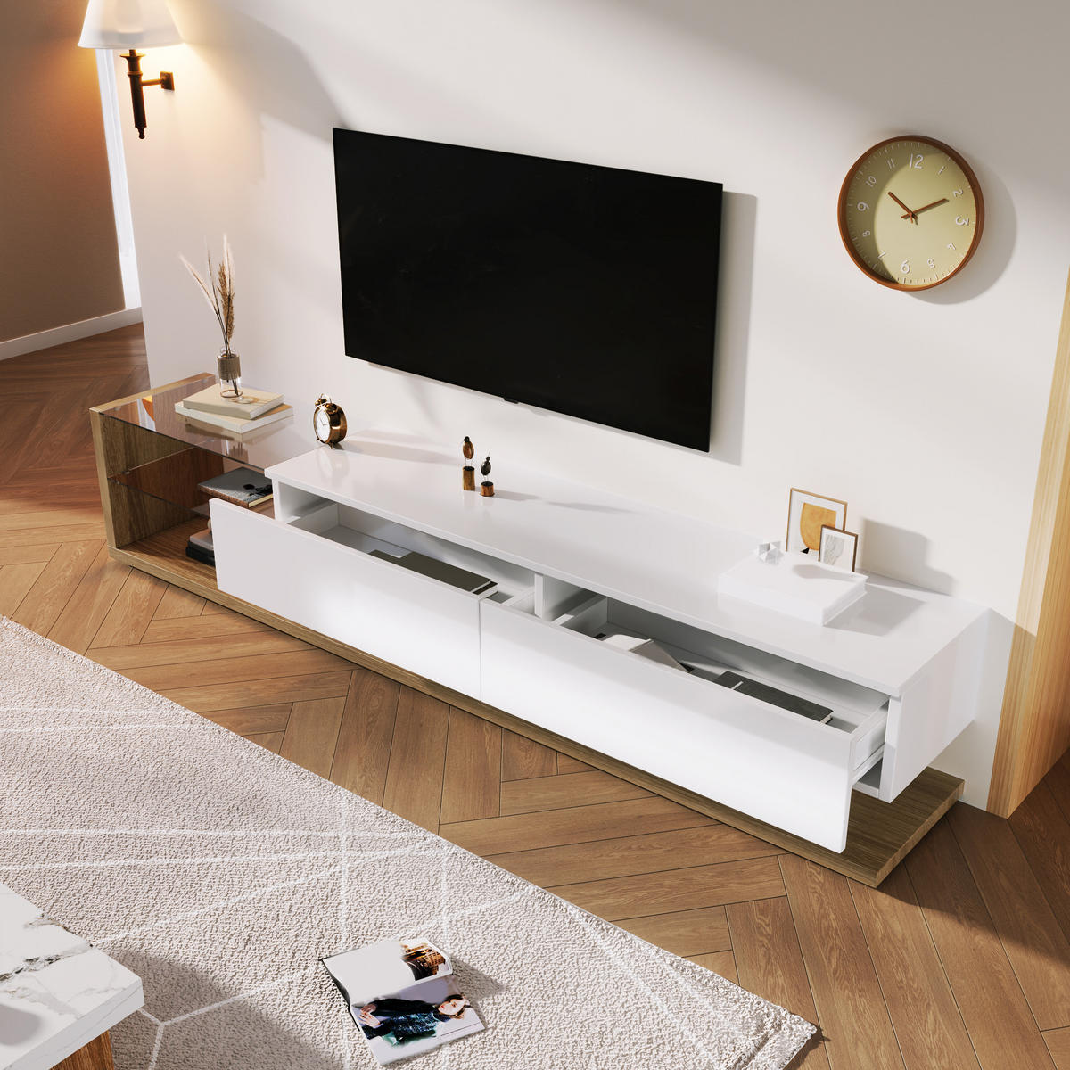 TV-ELEMENT 170 cm Hochglanz Weiß Holzoptik mit LED-Beleuchtung und Glasregalen - Weiß, Holzwerkstoff (36/38/170cm) - Korfee