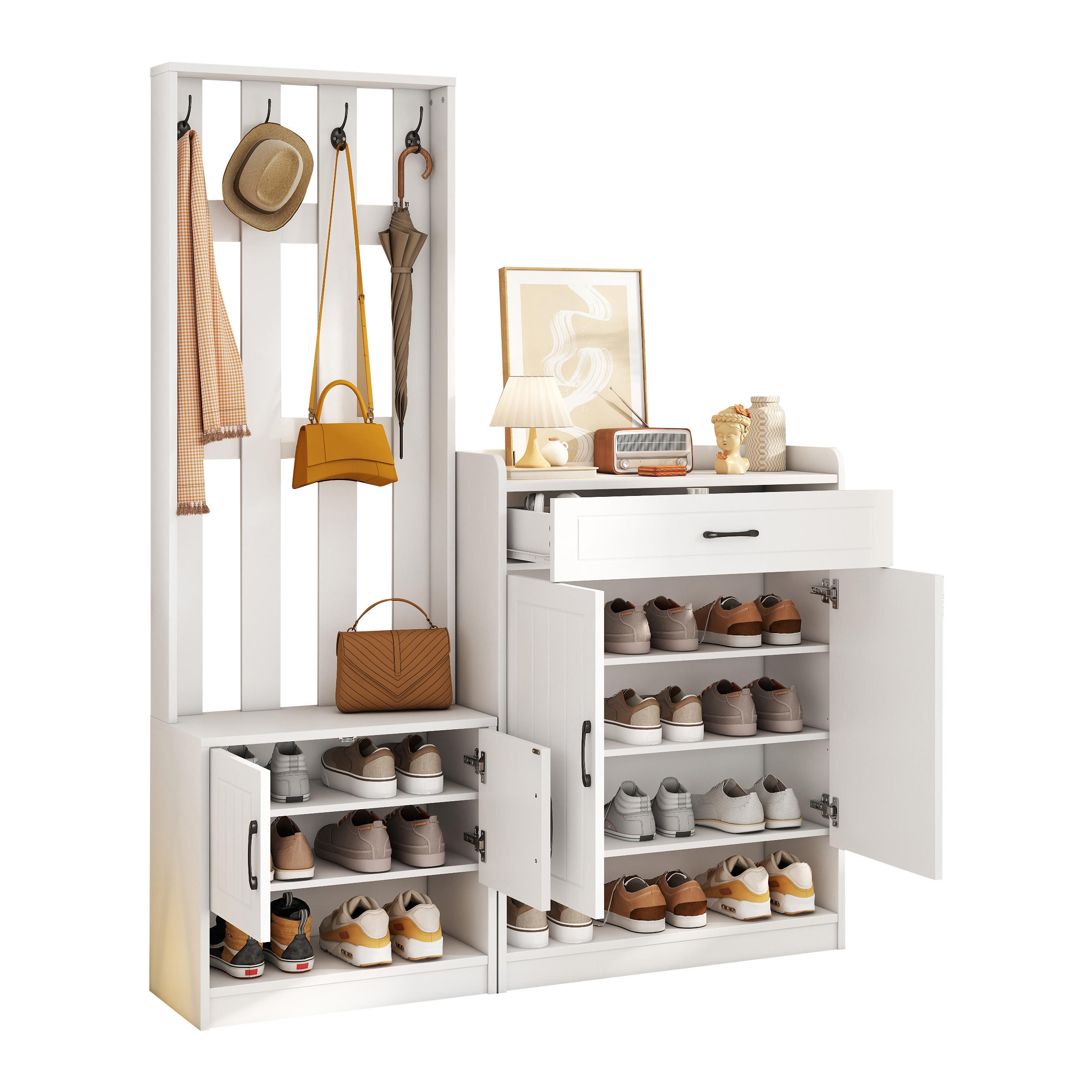 DIELENGARDEROBE 140/32/180 cm mit 4 Haken, Schuhschrank und Sitzbank in Weiß - Weiß, Holzwerkstoff (140.6/180/30.5cm) - BEAOK