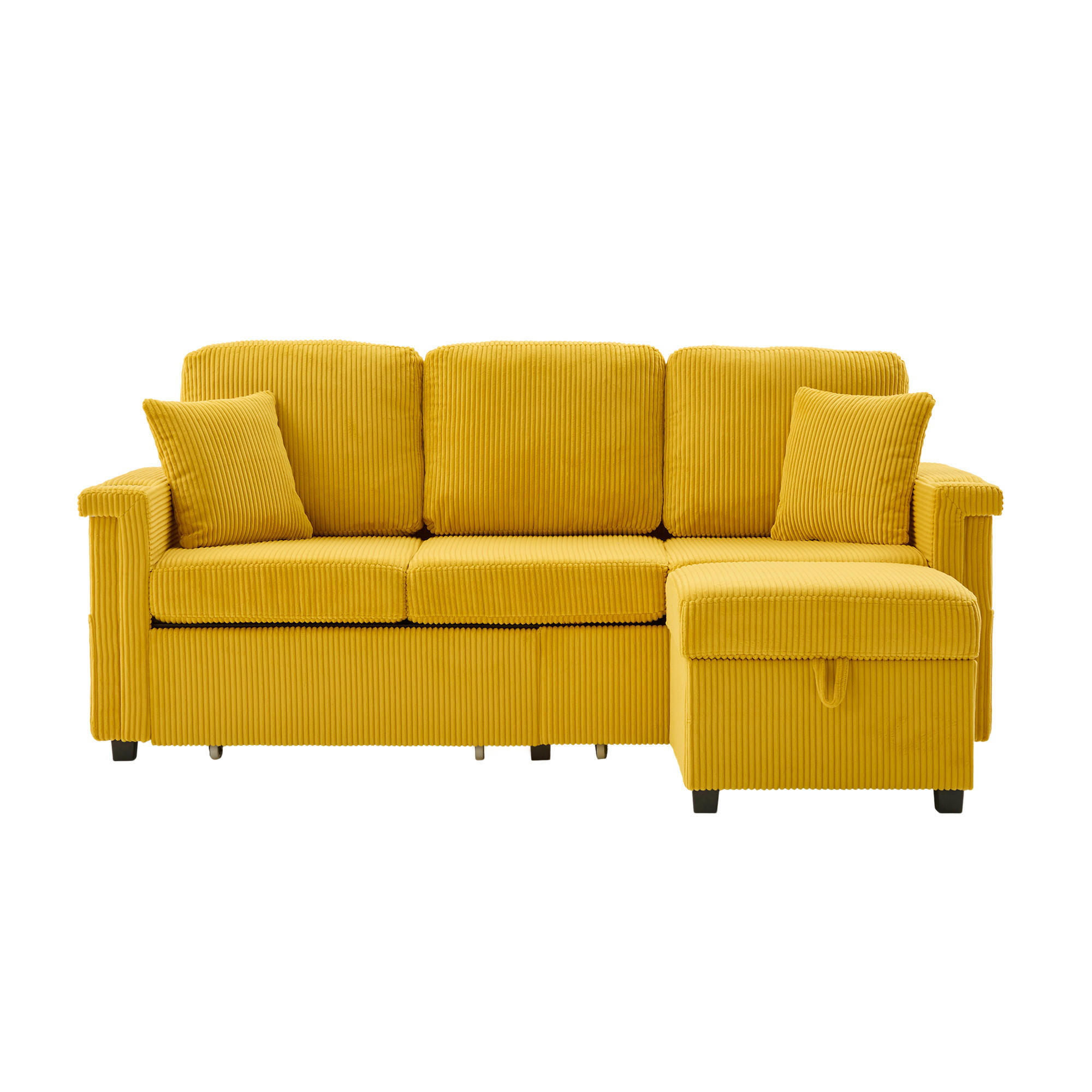 ECKSOFA 194/73/81 cm Senfgelb mit LED-Beleuchtung, Stauraum-Fußteil, 2 Schubladen, Getränkehaltern und Seitentaschen - Currygelb, Textil (194/73cm) - Oxeza