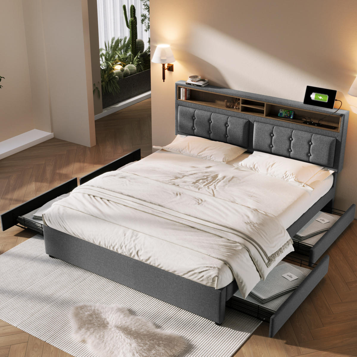 POLSTERBETT 140/200 cm aus Leinen mit verstellbarem Kopfteil und USB-C-Steckdose Grau - Grau, Textil (140/200cm) - Modenvie