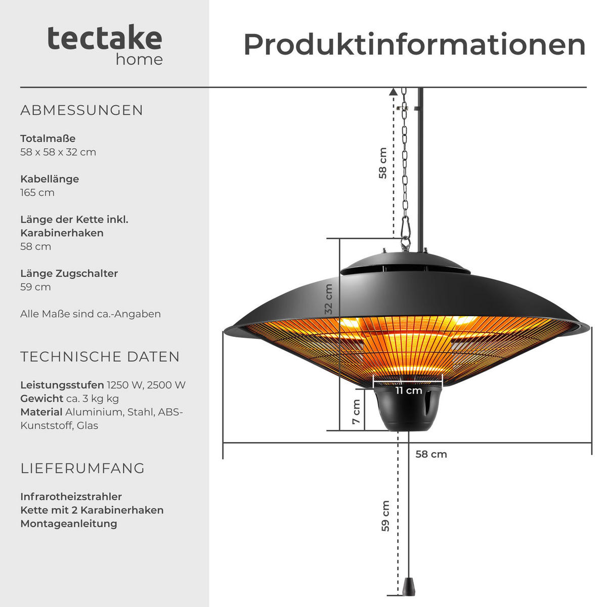INFRAROTHEIZSTRAHLER Solaris Orbit, einfache Montage, 58 x 58 x 32 cm, schwarz - Schwarz, Metall (58/32/58cm) - tectake