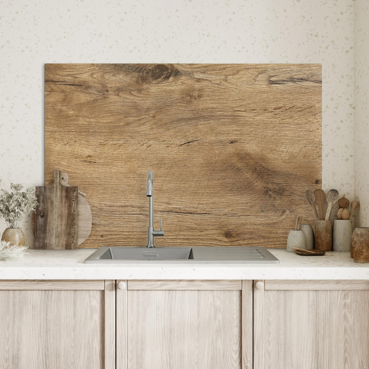 SPRITZSCHUTZ KÜCHE Holz - Braun - Holzoptik 90x60 cm - Eichefarben, Metall (90/0.3/60cm) - MuchoWow