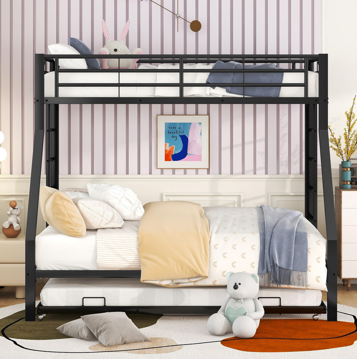 ETAGENBETT 90/140 x 200 cm aus Metall mit Ausziehbett und Leitern beidseitig - Schwarz, Metall (90/190cm) - Flora Grace