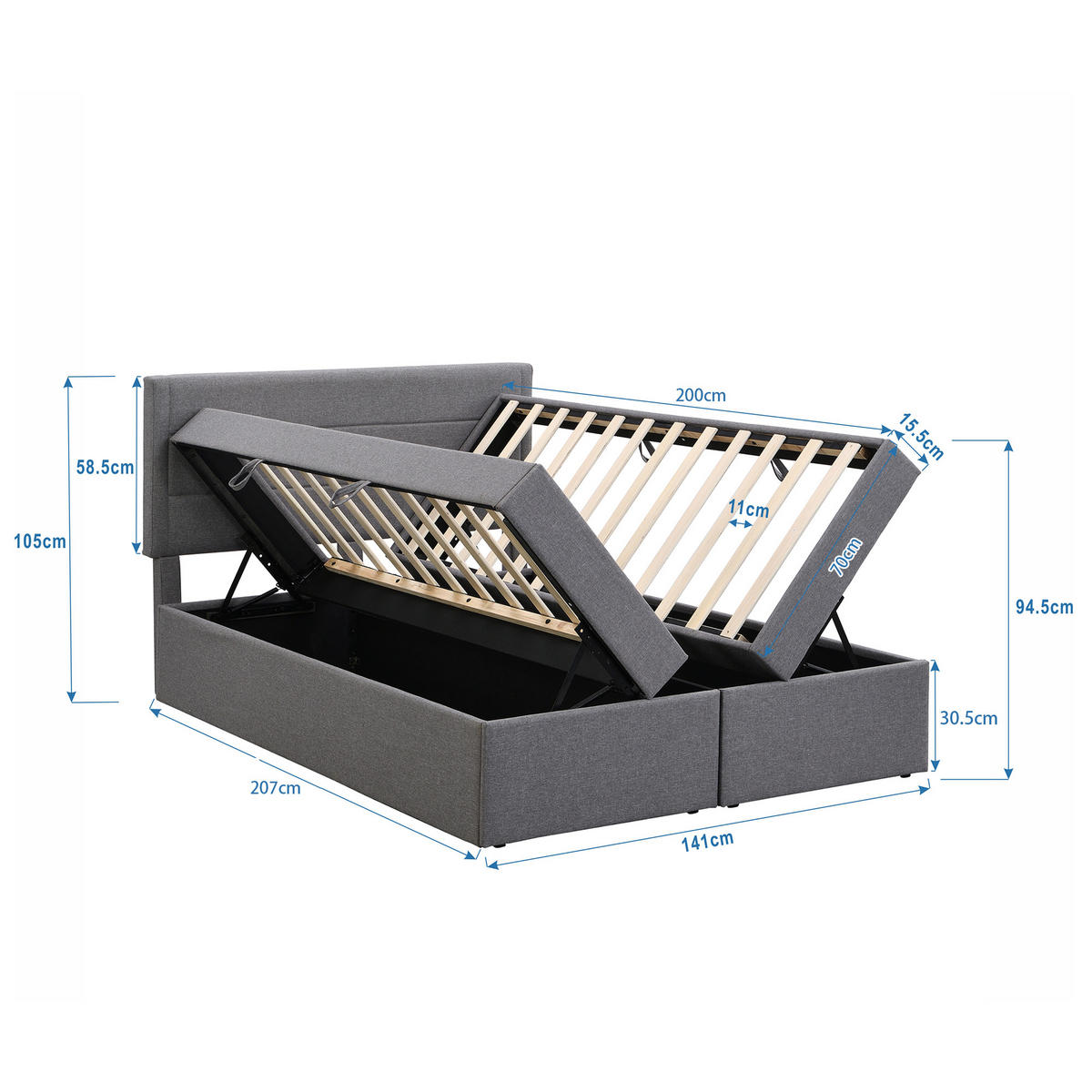POLSTERBETT 140x200cm Grau Doppelbett Metallrahmen Stauraum - Grau, Holz (140/200cm) - FLIEKS