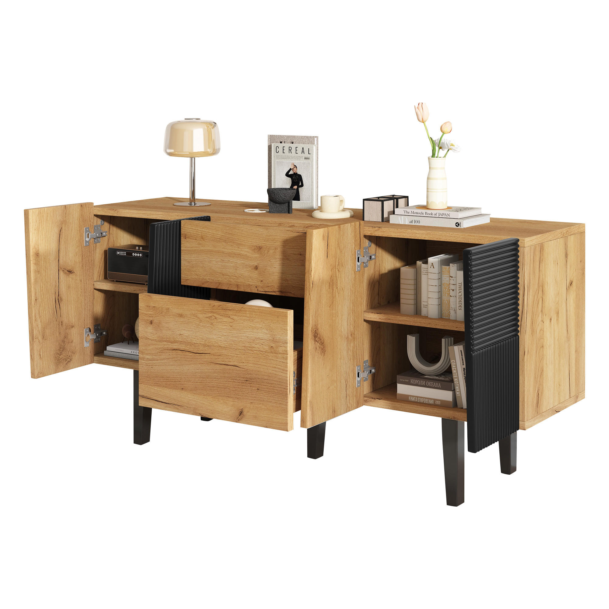 SIDEBOARD Holz Stauraum TV-Schrank mit Massivholzbeinen 60 Zoll - Eichefarben, Holzwerkstoff (140/70/40cm) - FLIEKS