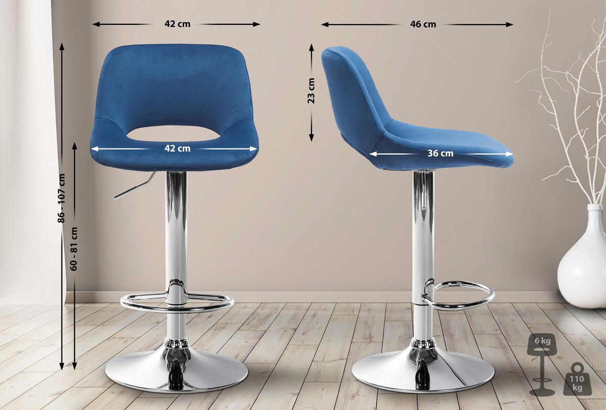 BARHOCKER 2er Set Samt blau - Chromfarben/Blau, Textil/Metall (42/86/46cm) - CLP