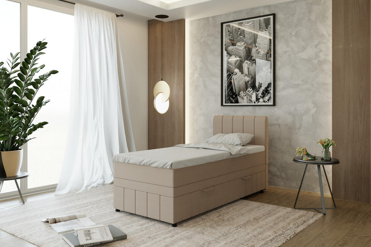 BOXBETT AVALON 90 x 200 cm mit Bettkasten und Topper - Beige - Beige, Holz - Panda Möbel