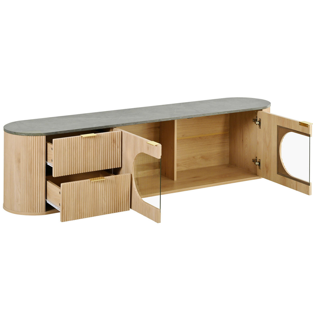 TV stolek 172/38/45,5 cm s vertikální 3D strukturou, oválnou vitrínou a vícezónovým úložným prostorem, Natural - světle hnědá, kompozitní dřevo (172/45.5/38cm) - Redom