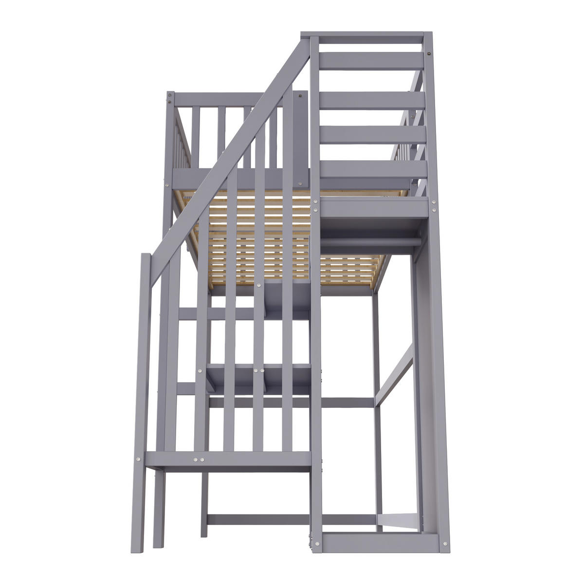 KINDERBETT aus Holz 90x200 cm in Grau mit Treppe & Kleiderschrank - Grau, Holz (90/200cm) - Modfu