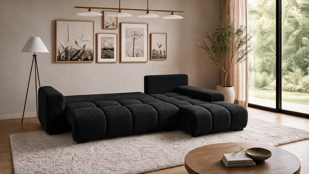 ECKSOFA Ovia mit Bettkasten und Schlaffunktion, Bouclé-Stoff in L-Form - Schwarz, Textil (270/185cm)