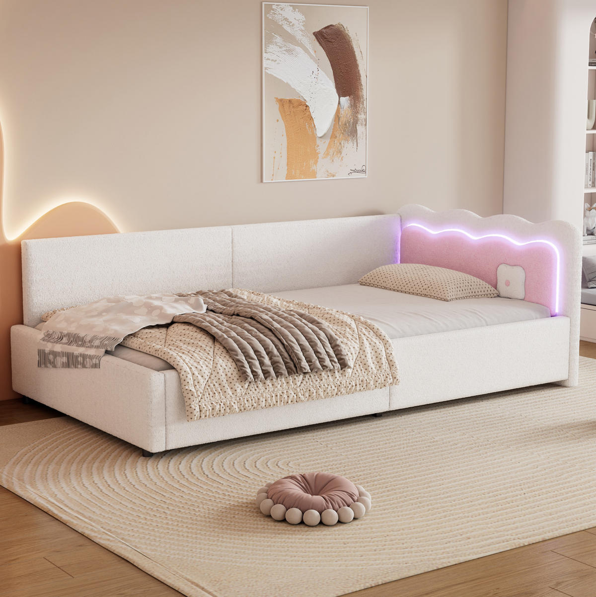 POLSTERBETT 90/200 cm Weiß mit LED-Beleuchtung und Lattenrost - Weiß, Textil (90/200cm) - Flora Grace