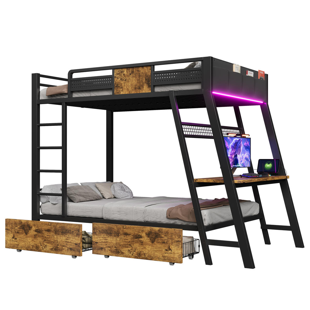 ETAGENBETT Schwarz 90×200cm mit Gaming-Schreibtisch, Steckdosen, LED-Lichtband und Stauraum - Schwarz, Metall (90/200cm) - Luhomfu