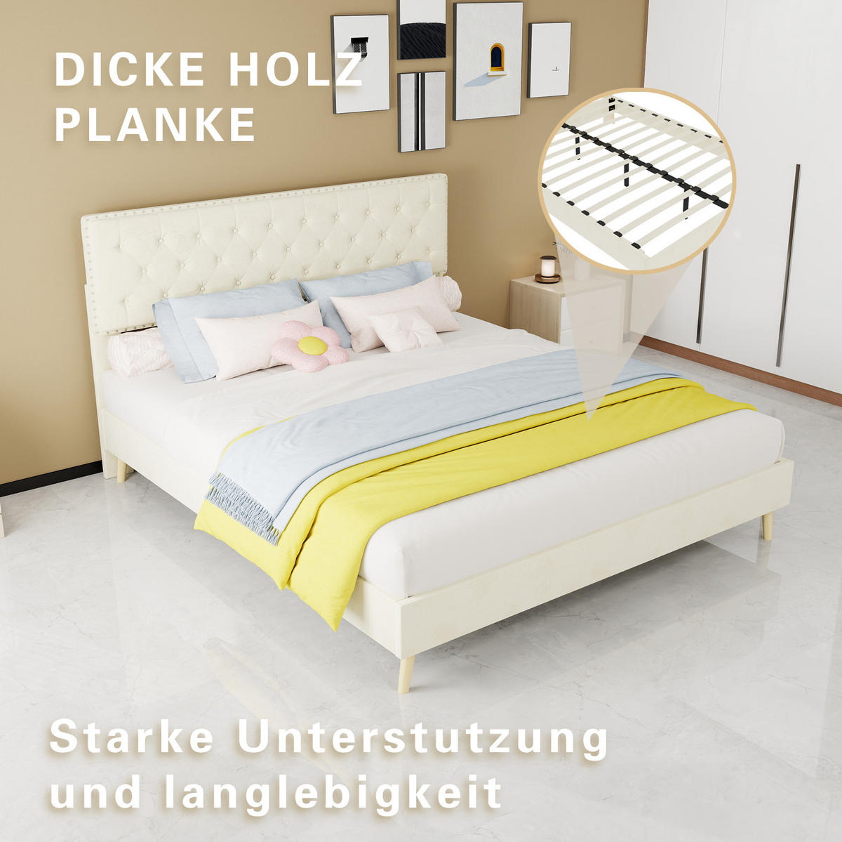 POLSTERBETT 160/200 cm mit hohem Kopfteil, Stauraum unter dem Bett und Matratze, Beige - Beige, Textil (160/200cm) - Redom