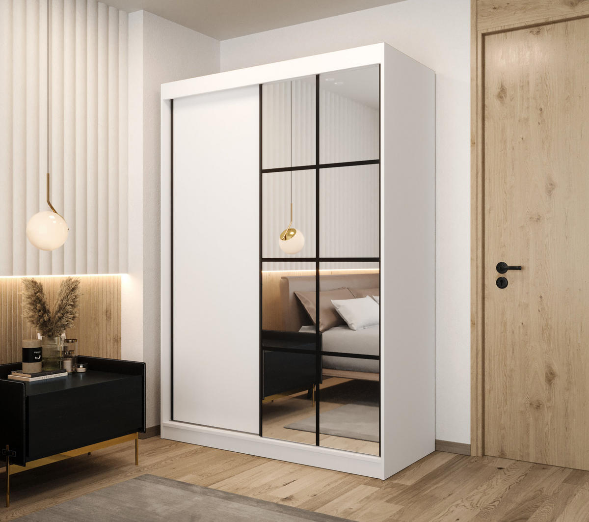 SCHIEBETÜRENSCHRANK MODENA 2 150, 2-türig Kleiderschrank mit 1 Spiegel, Moderne Garderobe, Schrank in Größe: 150 x 216 x 65 cm - Schwarz/Weiß, Holzwerkstoff (150/216/65cm) - O-Sofa