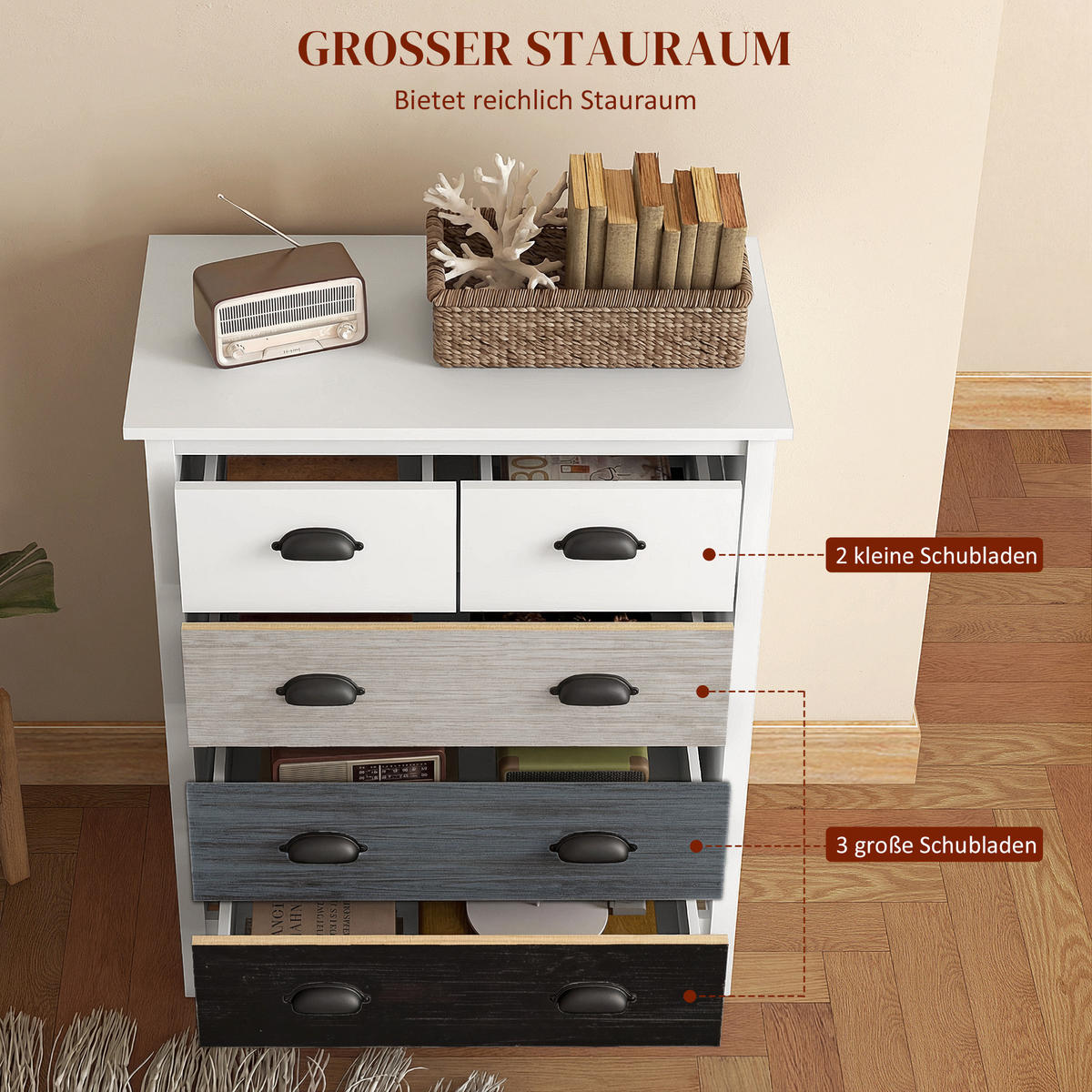 KOMMODE Aufbewahrungsschrank mit 5 Schubladen, Schubladenschrank mit Griff - Weiß, Metall (38/85/70cm) - HOMCOM