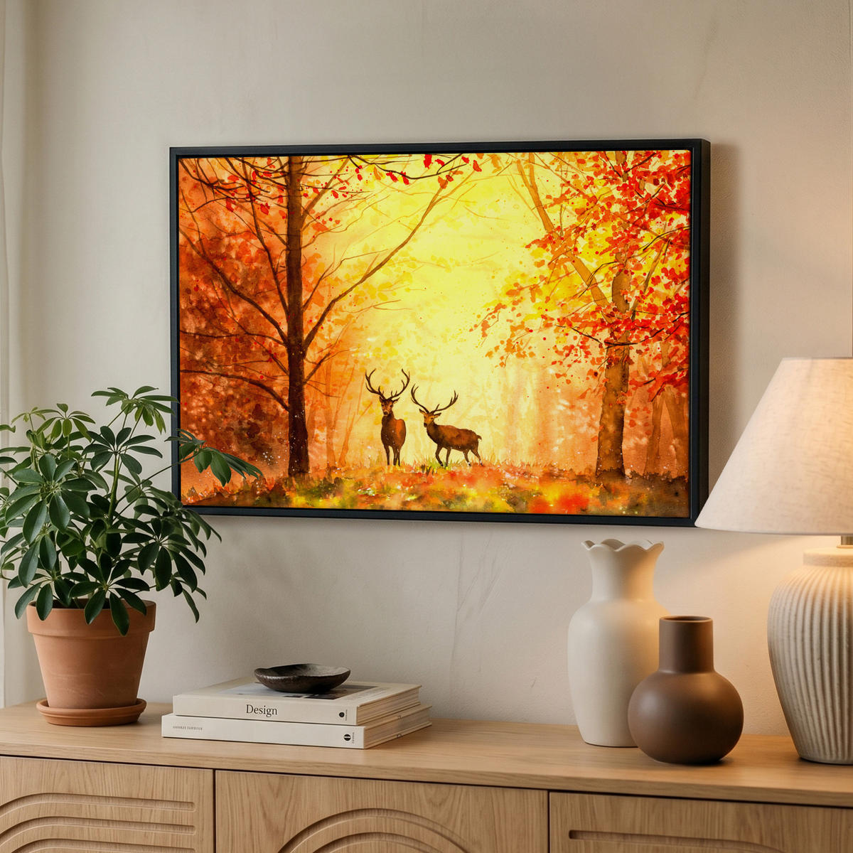 LEINWAND Bilder mit Rahmen - Natur - Ölfarbe - Hirsche - Tiere - Herbst - Orange - 60x40 - Orange, Textil (60/40cm) - MuchoWow