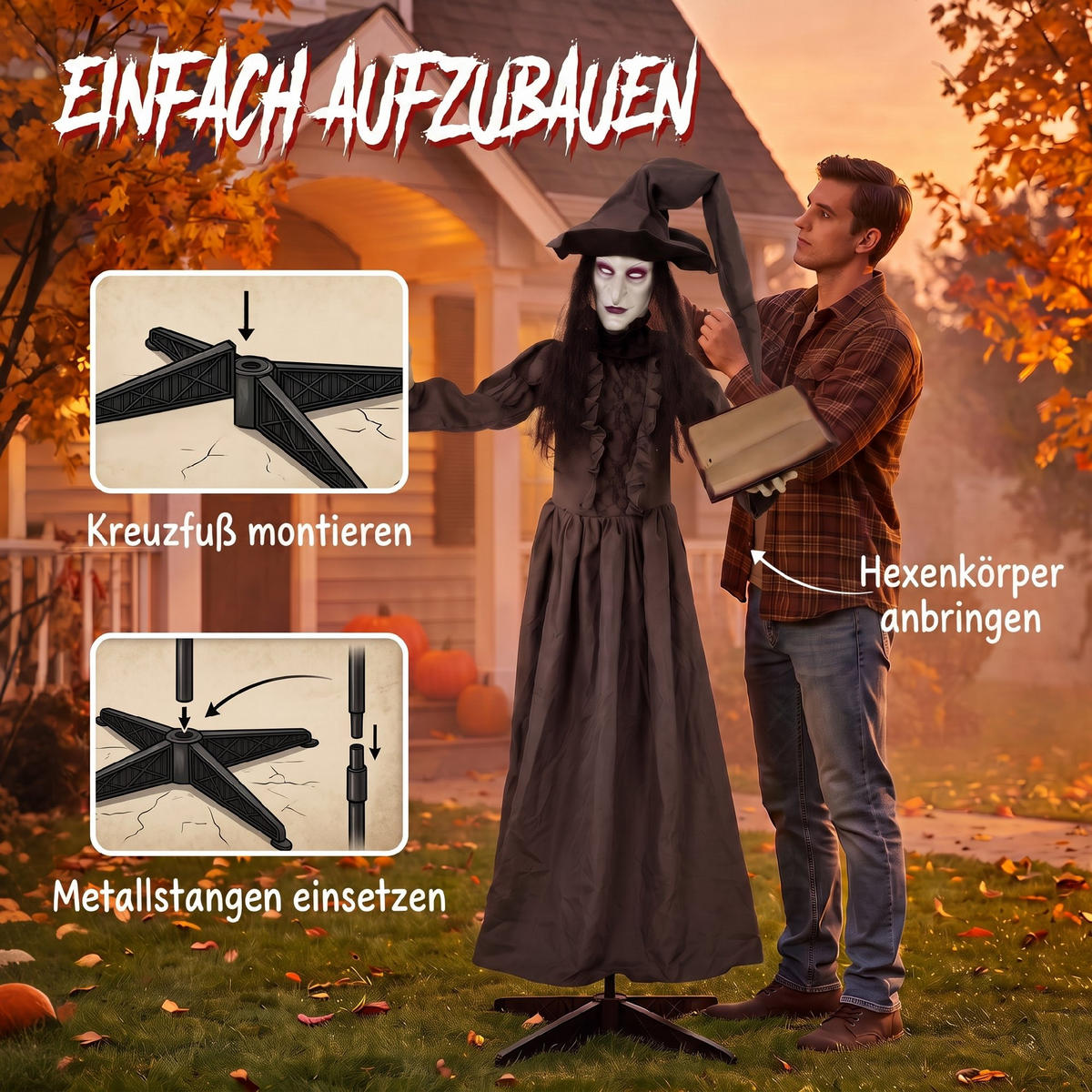 HALLOWEEN-HEXE Metall Polyesterfaser Dunkelgrau - Dunkelgrau, Metall (18/180/70cm) - HOMCOM