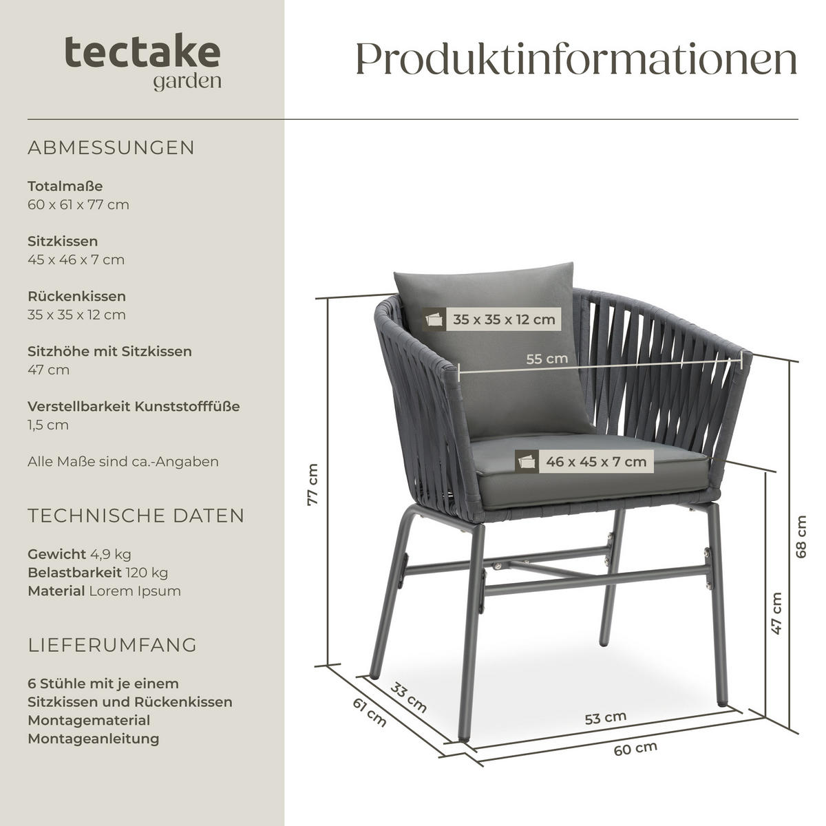 STUHLSET Valeiras,60 x 61 x 77 cm,dunkelgrau/dunkelgrau - Dunkelgrau, Textil (60/77/61cm) - tectake
