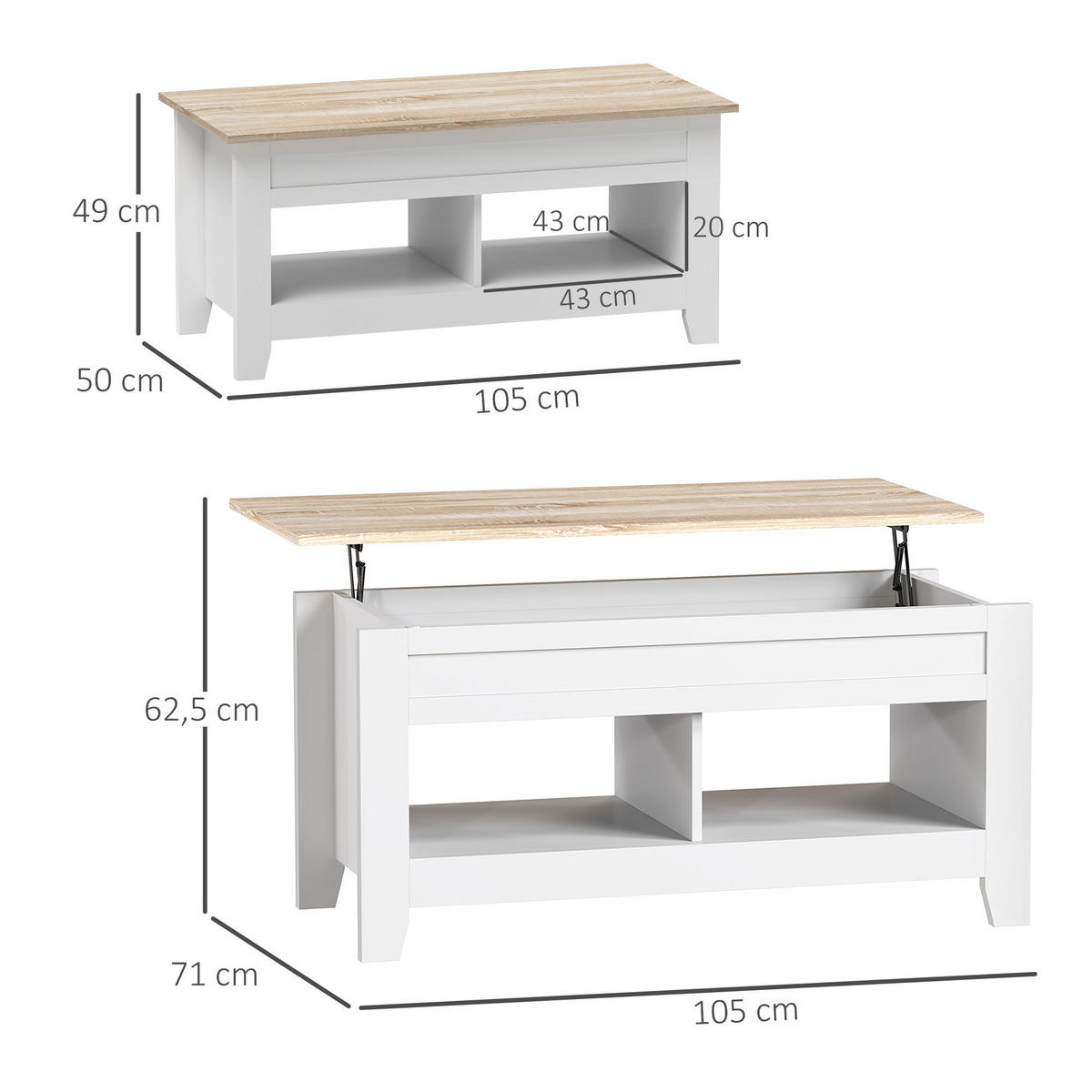 COUCHTISCH DE-15802 klappbare Platte Weiß - Weiß, Holzwerkstoff (105/50/62.5cm) - ComfortXL