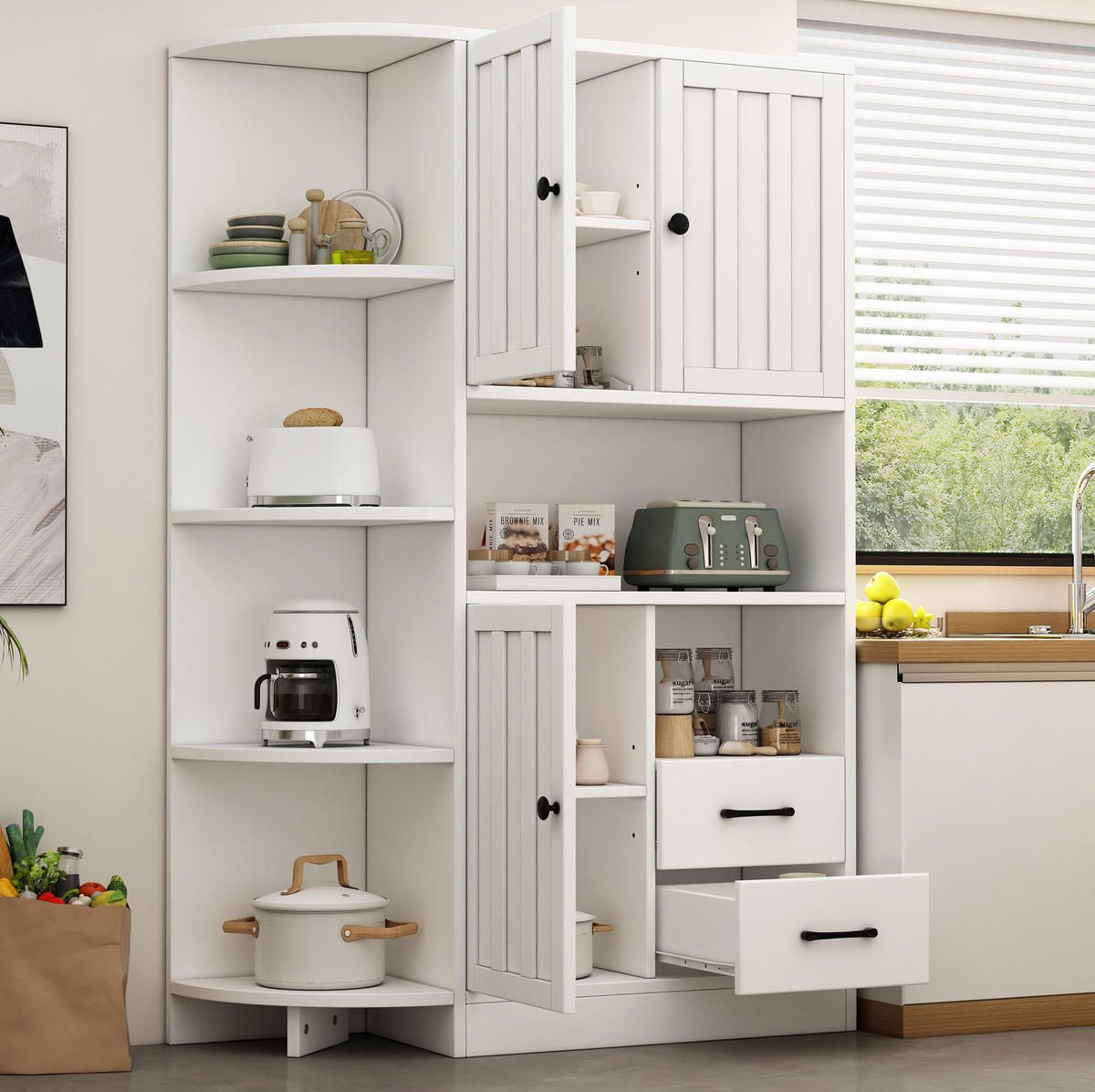 ECKSCHRANK mit 3 Türen und 2 Schubladen 104 x 35 x 155 cm Weiß - Weiß, Holzwerkstoff (35/155/104cm) - Beauniv