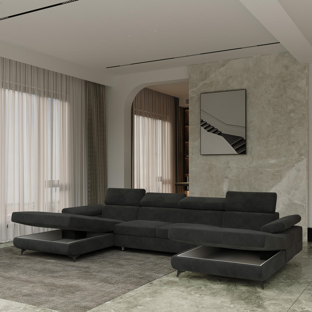 WOHNLANDSCHAFT DETTI Schwarz Velours-Stoff mit Schlaffunktion - Schwarz, Holz (339/89/190cm) - MASSENO