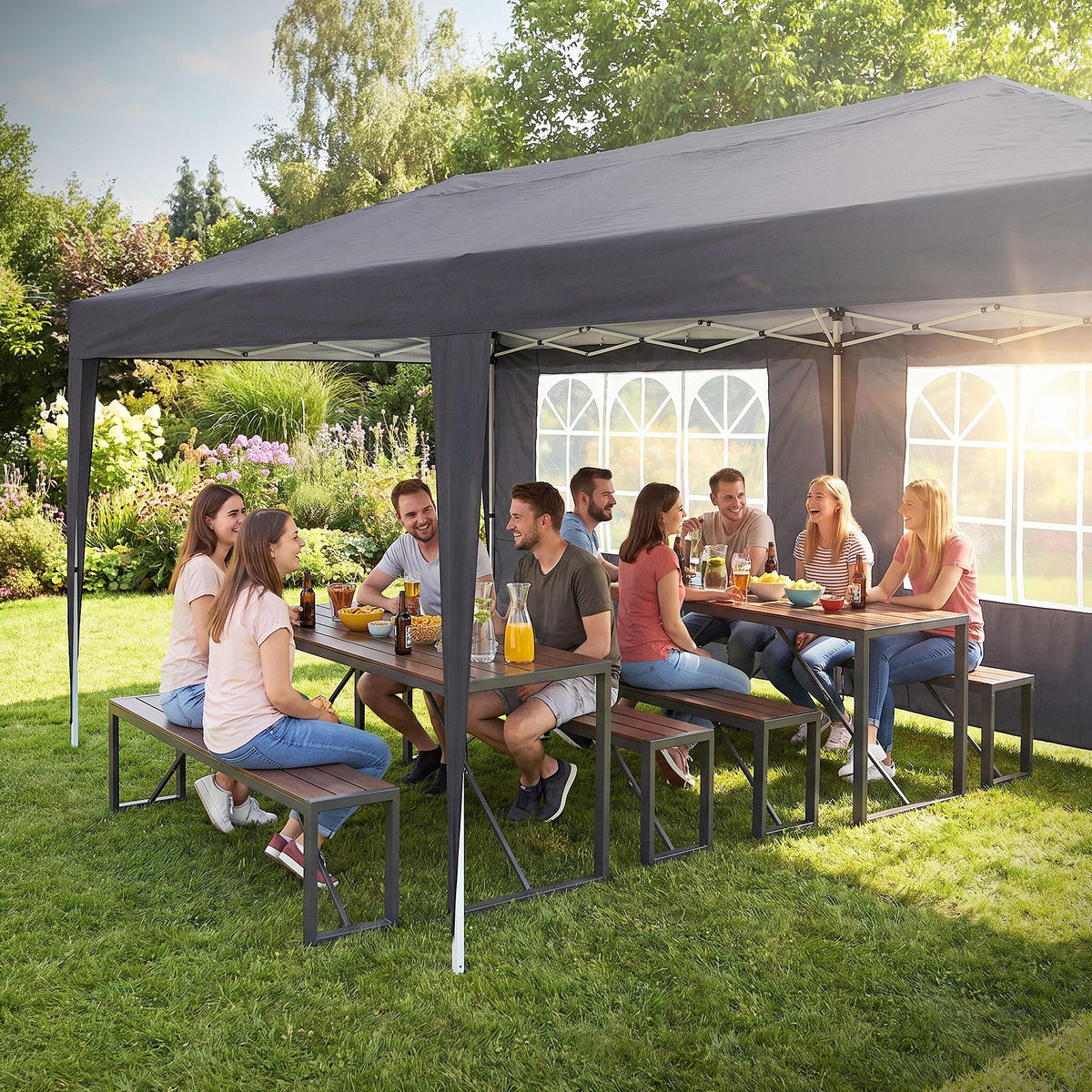 POP UP PAVILON 3x6 m antracitový skládací pavilon, vodotěsný, stabilní, se 6 bočními stěnami - šedá, textil (600/260/300cm) - ECD-Germany