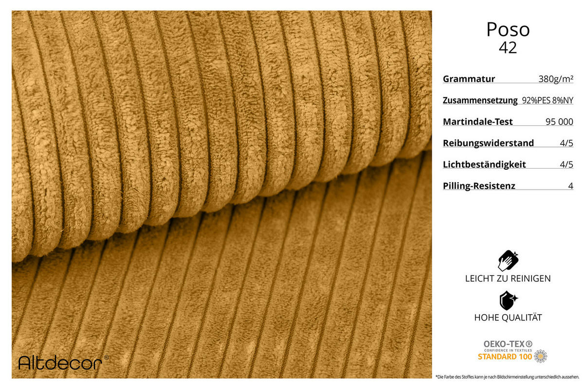 ECKSOFA Ottomane Links MARI-L2-v3 - 328x171x83 cm Senfgelb Cord - Gelb/Schwarz, Holzwerkstoff/Kunststoff (328/171cm) - ALTDECOR