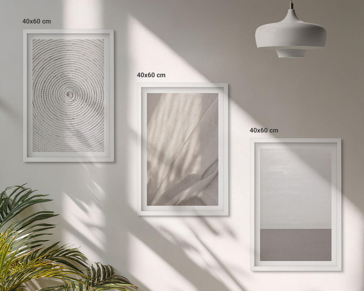 BILDER SET 3er Set - 40x60 cm Weißer Rahmen - Natürliche Boho-Texturen - Weiß, Kunststoff (40/60cm) - TULUP