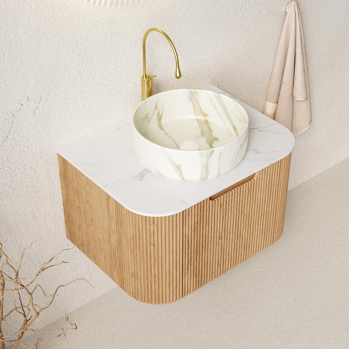 WASCHTISCHKOMBI 61x48x49.1 cm Naturholz & Weiß aus Keramik & Sintered Stone mit 3D-Streifen - Naturfarben, Stein (48/49.1/61cm) - Modfu