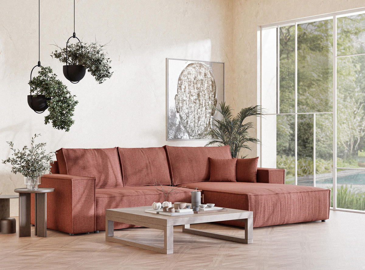 ECKSOFA Maze Korallenfarbe Webstoff - Rechts Seite - Koralle/Schwarz, Holz/Holzwerkstoff (294/185cm) - Maison de Reve