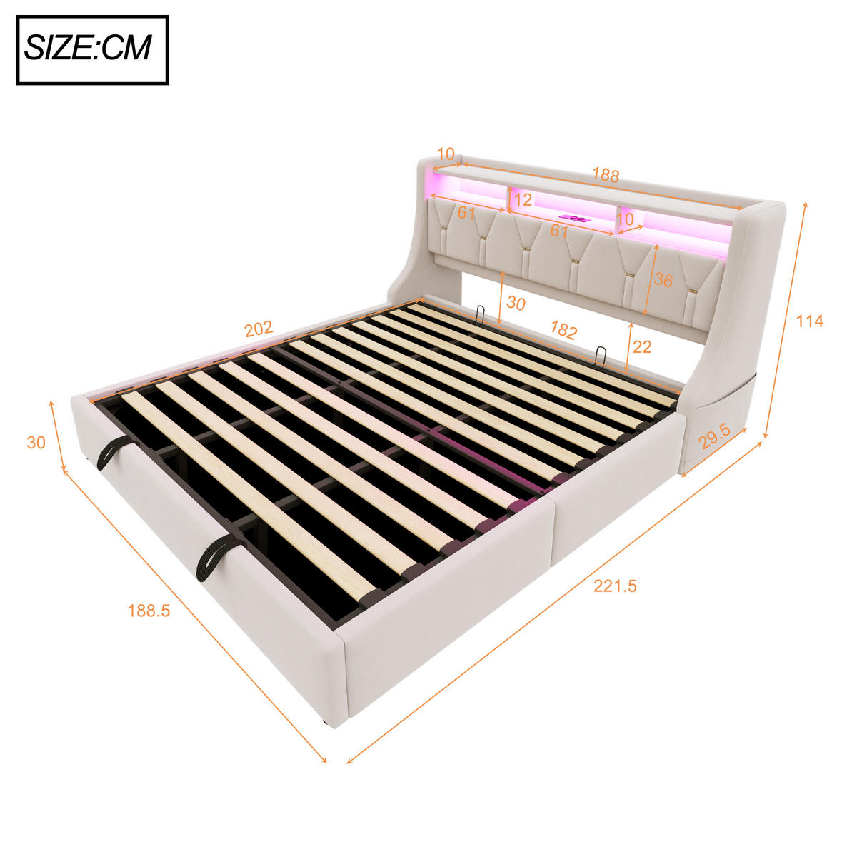 STAURAUMBETT 180/200 cm mit LED und Steckdose, DE-41566, in Beige - Beige, Metall (180/200cm) - ComfortXL
