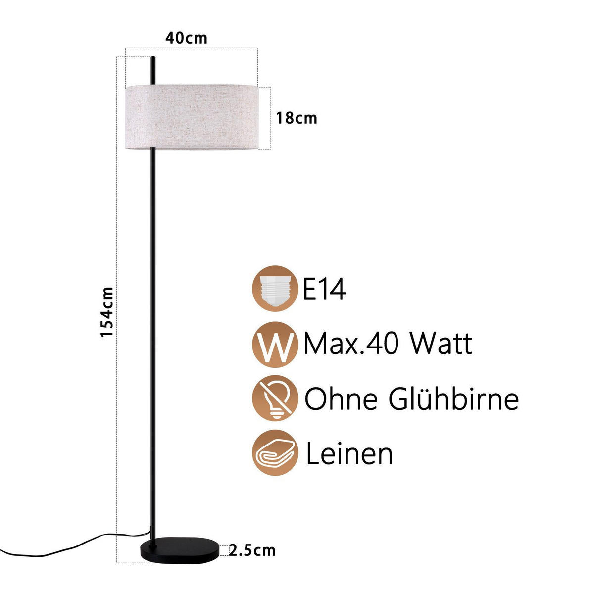 STEHLAMPE Yalowitz 40/21.2/155cm - Schwarz, Metall (40/21.2/155cm) - Nettlife