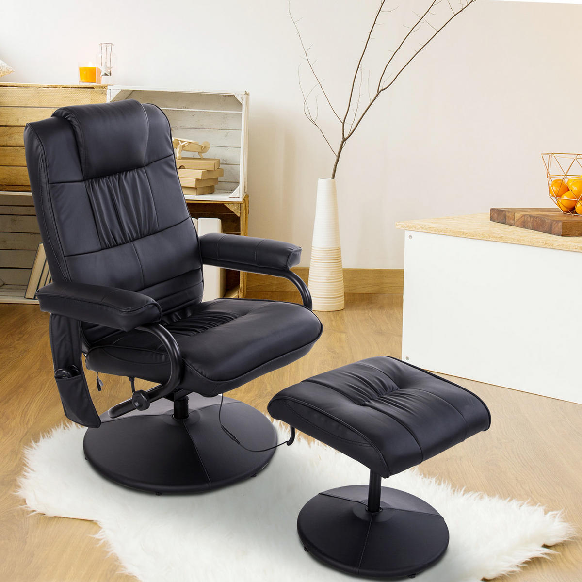 MASSAGESESSEL Schwarz mit Massagefunktion und Liegefunktion 77/84/95 cm - Schwarz, Leder (77/95/84cm) - PANGIVO