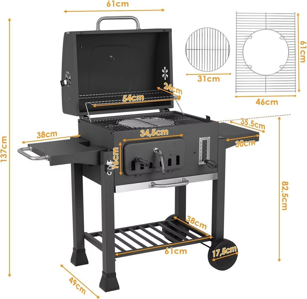 HOLZKOHLEGRILL XXL MIT ROLLEN UND SEITENTISCHEN - Schwarz, Metall (49/54cm)