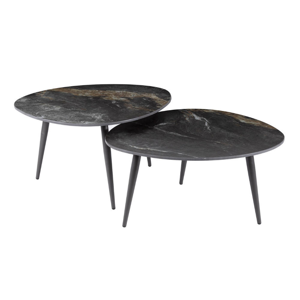 COUCHTISCH-SET FOSSILE NERO Organische Satztische in dunkler Marmor-Keramik - Schwarz, Keramik (58/70/35cm) - alesvelt