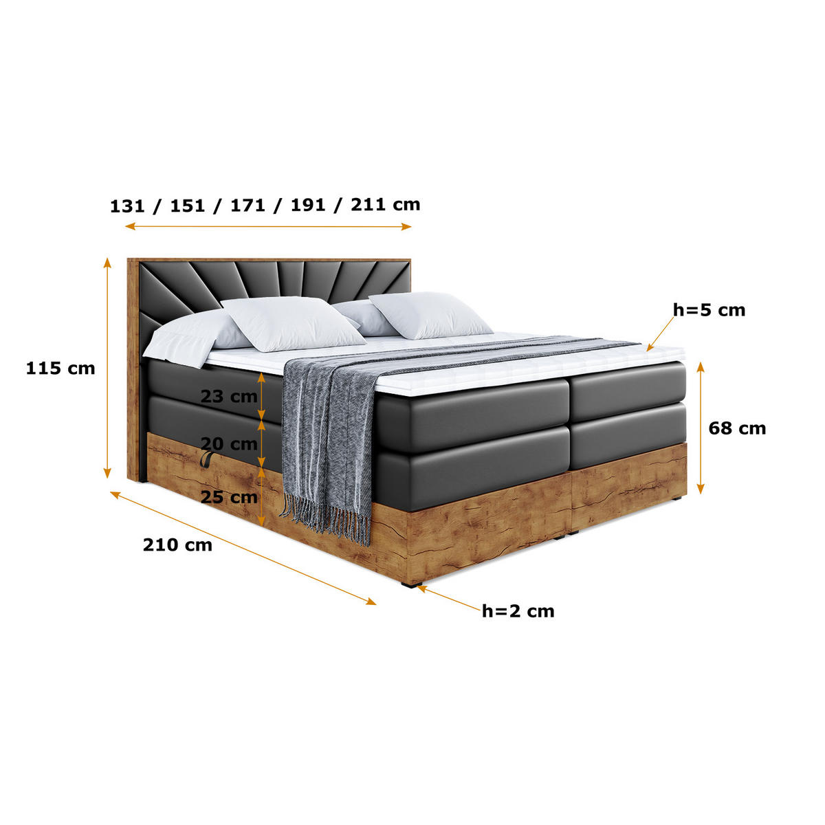 BOXSPRINGBETT mit Matratze H3|H4 und Lattenrost - LOLLI6 KING-140x200 - Schwarz - Schwarz, Holzwerkstoff (140/200cm) - ALTDECOR
