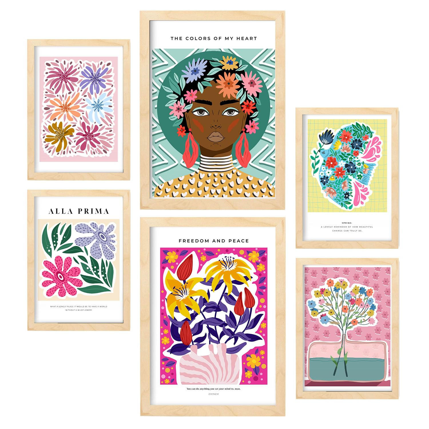 POSTER Set Mit 6 Oasis Zusammenfassung A3 & A4 Rahmen Aus Hellem Holz - Beige, Papier (29/3cm) - Nacnic