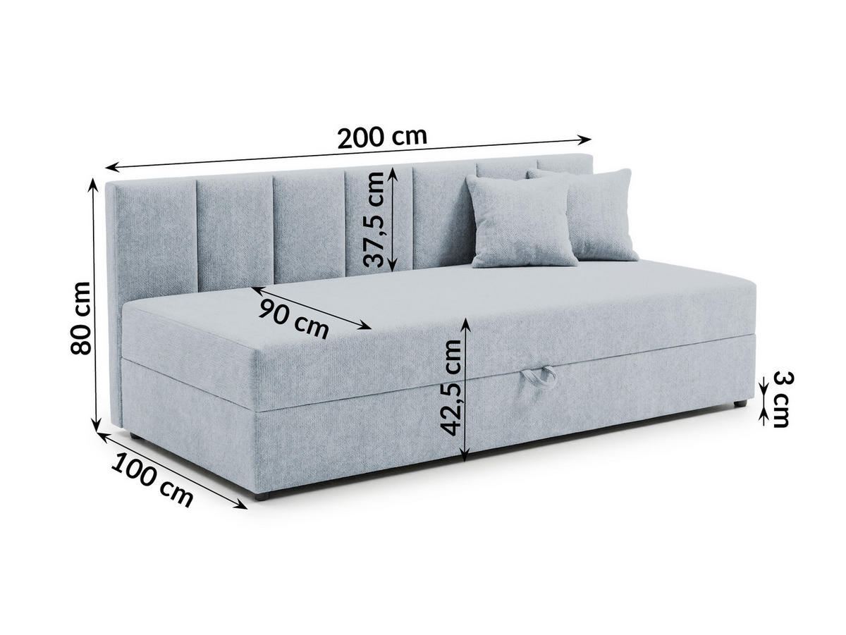 TAGESBETT Lenny mit Rückenlehne und großem Bettkasten aus Hellblau Chenille-Stoff - Schwarz/Hellblau, Holz/Kunststoff (90/200cm) - S-Style Möbel