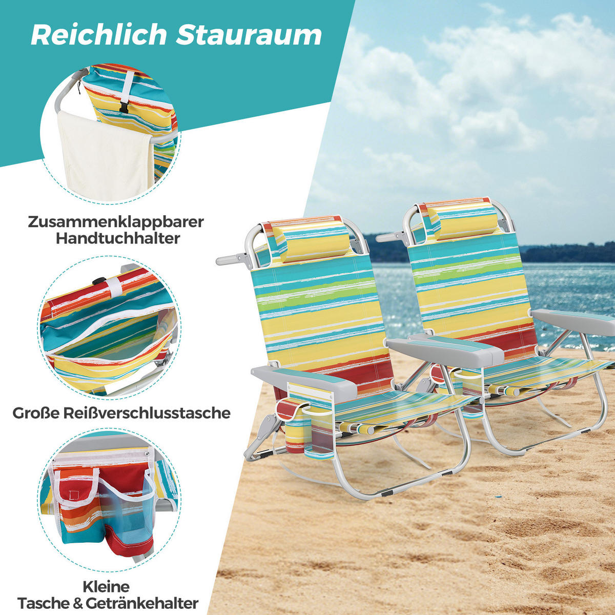 PLÁŽOVÁ ŽIDLE skládací barevná - různobarevná, kov (66/78/65cm) - COSTWAY
