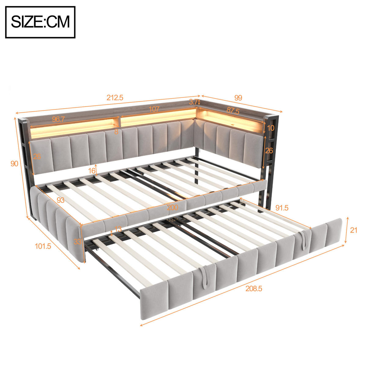 POLSTERBETT Schlafsofa aus Samt 90x200 cm Hellgrau mit Ausziehbett, LED-Beleuchtung, USB- und Typ-C-Anschluss - Hellgrau, Textil (90/200cm) - Modfu