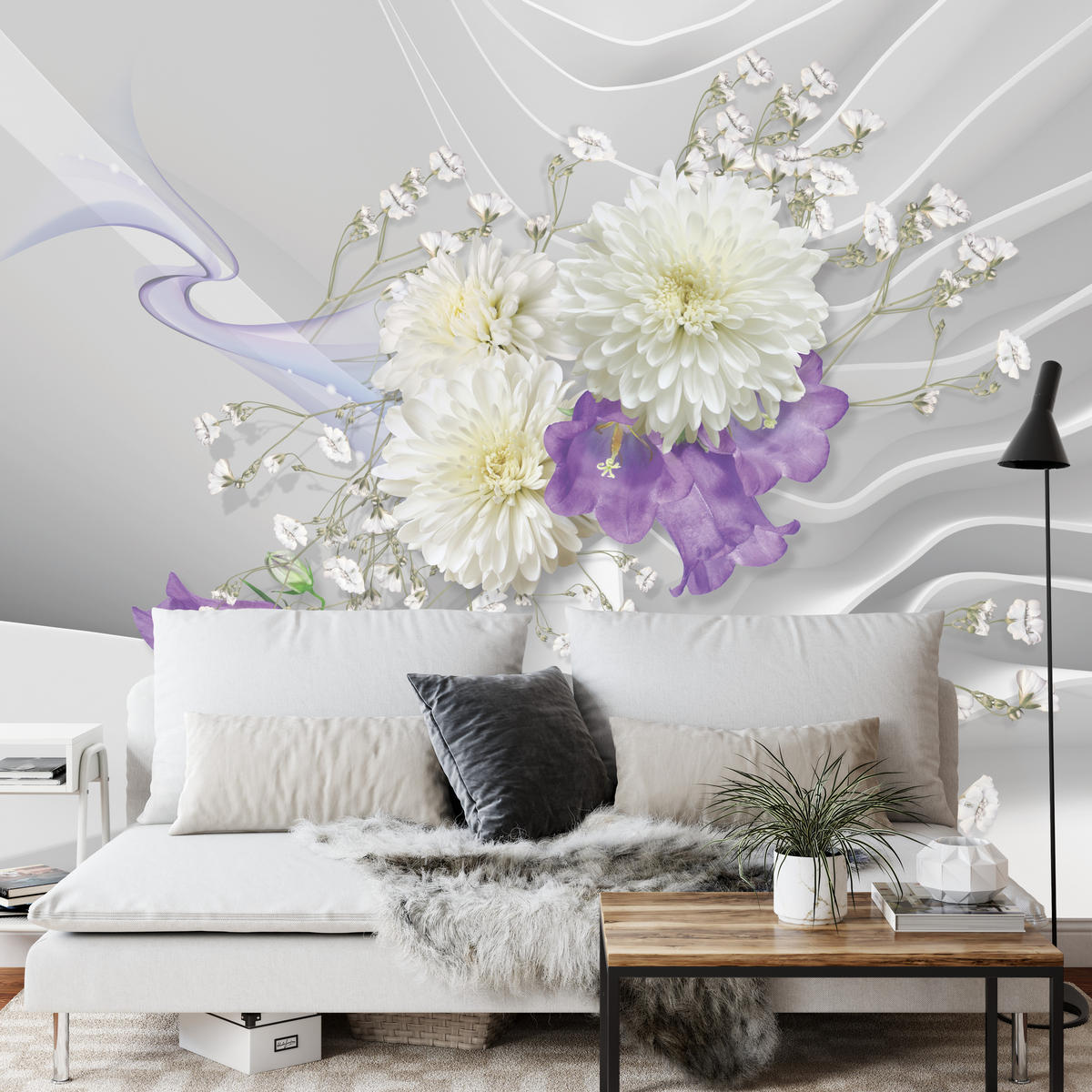 FOTOTAPETA Pre Obývaciu Izbu BLUMEN Abstraktné Vlnité Priestorové Pozadie 250 x 175 cm - sivá/biela, papier (250/175cm) - Muralo