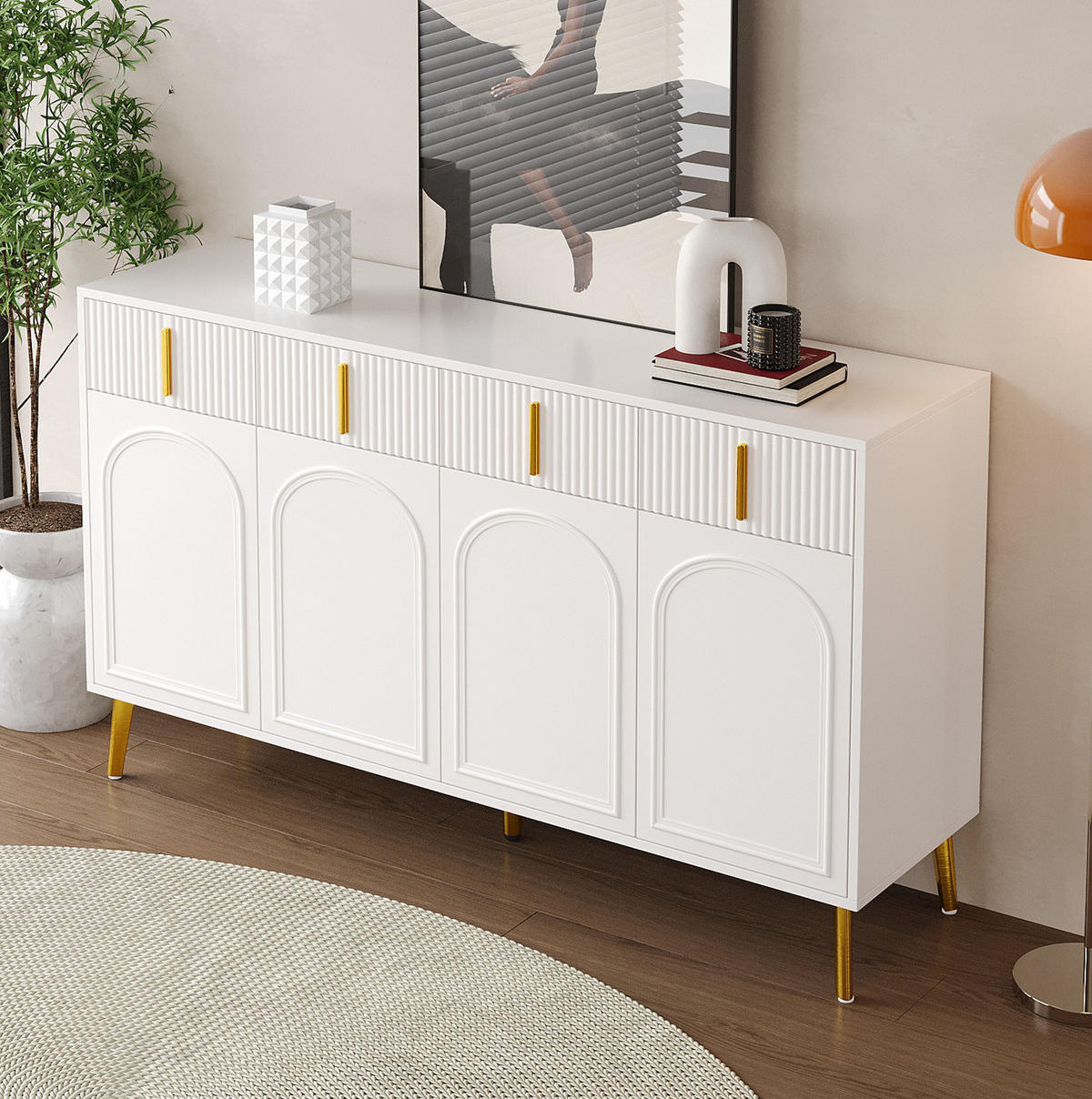 SIDEBOARD 140/38/82 cm in Weiß mit 4 Türen, 4 Schubladen und goldfarbenen Details - Weiß, Holzwerkstoff (140/82/38cm) - Flora Grace