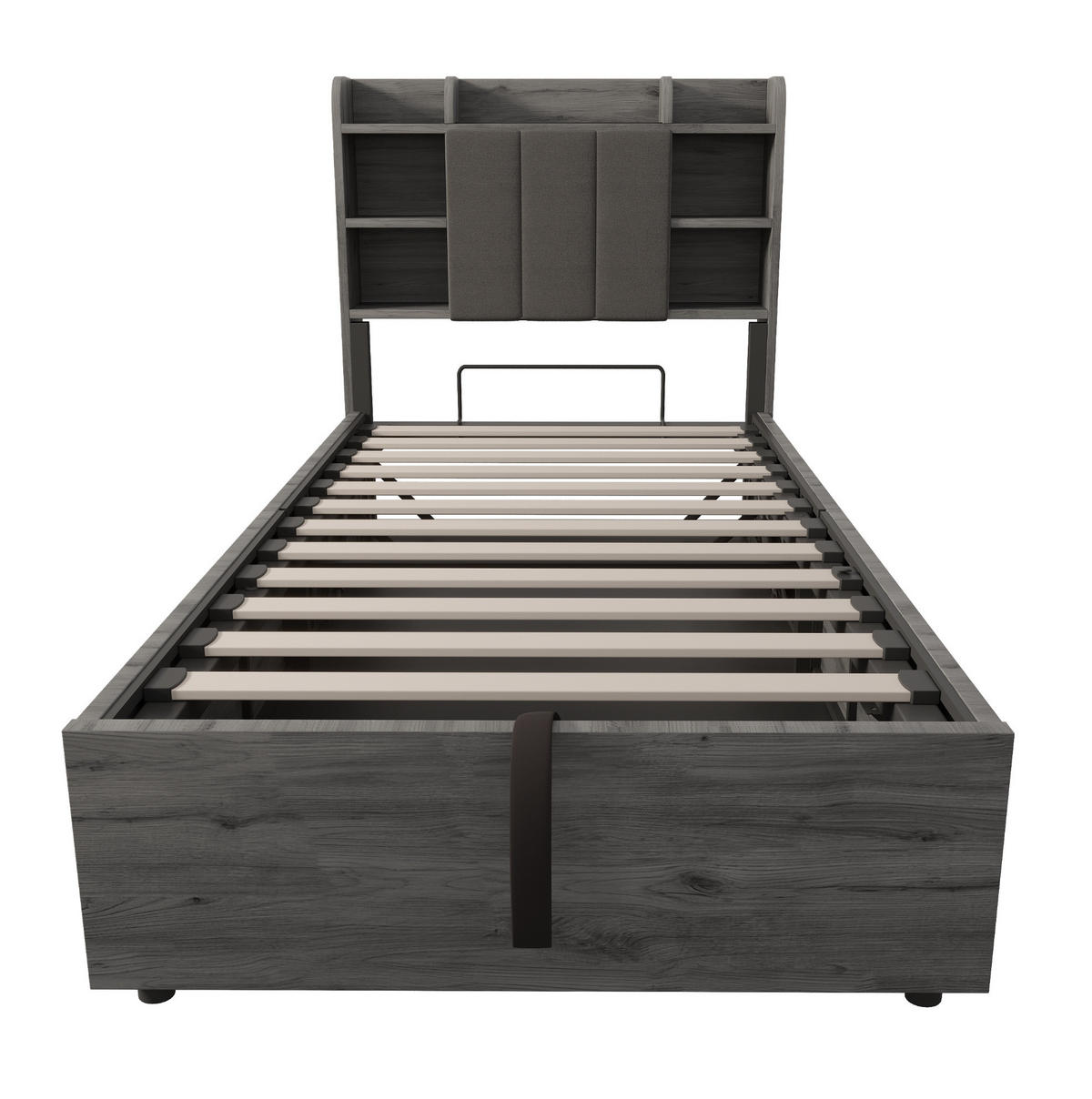 JUGENDBETT Einzelbett 90/200 cm aus MDF mit hydraulischem Stauraum und USB-Tape-C-Anschluss Grau/Holzfarben - Grau, Holzwerkstoff (90/200cm) - Modenvie
