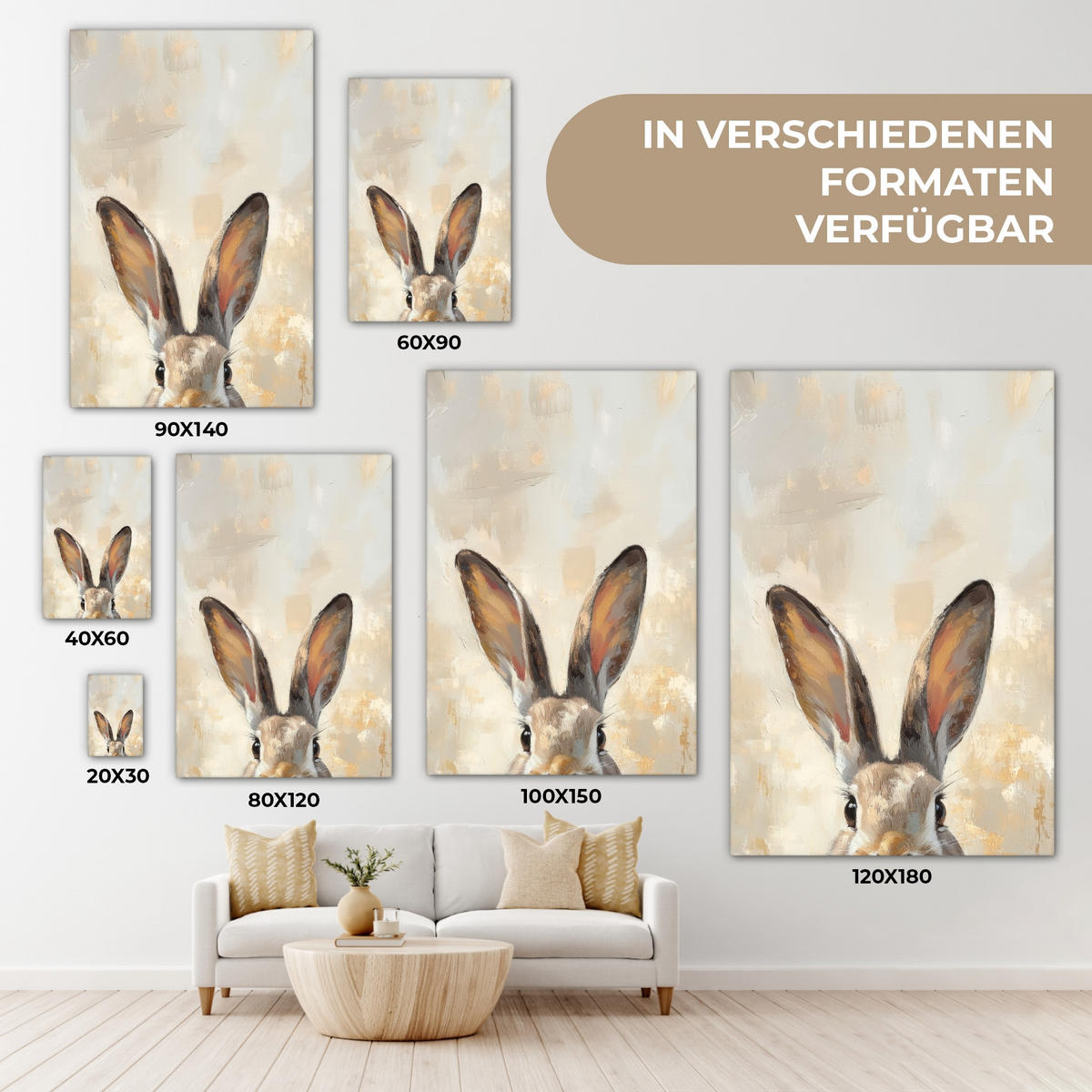 LEINWANDBILD Hase - Ohren - Braun Deko XXL 80x120 cm - Beige, Textil (80/120cm) - MuchoWow