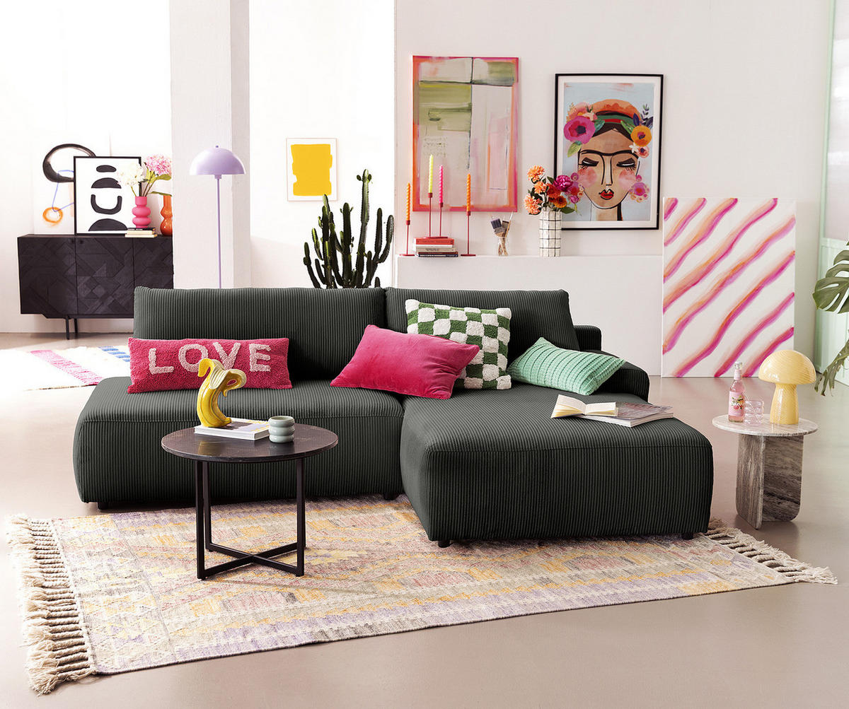 ECKSOFA mit Schlaffunktion - Longchair - Dunkelgrau/Schwarz, Kunststoff/Textil (253/167cm) - home24