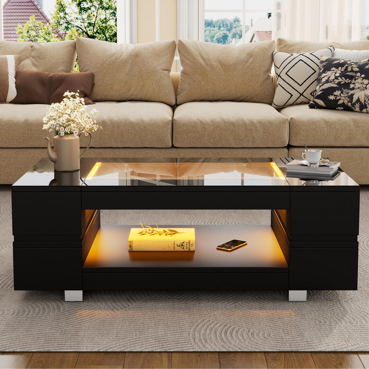 COUCHTISCH 100/50 cm mit Ablage und LED-Beleuchtung in Schwarz - Schwarz, Holzwerkstoff (100/50/35cm) - BEAOK