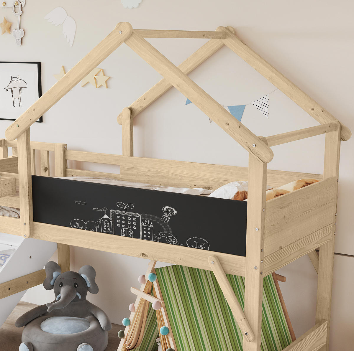 ETAGENBETT aus Holz 90x200 cm Weiß/Natur mit Stauraumtreppe und Kreidetafel - Weiß, Holzwerkstoff (90/200cm) - IVMEU