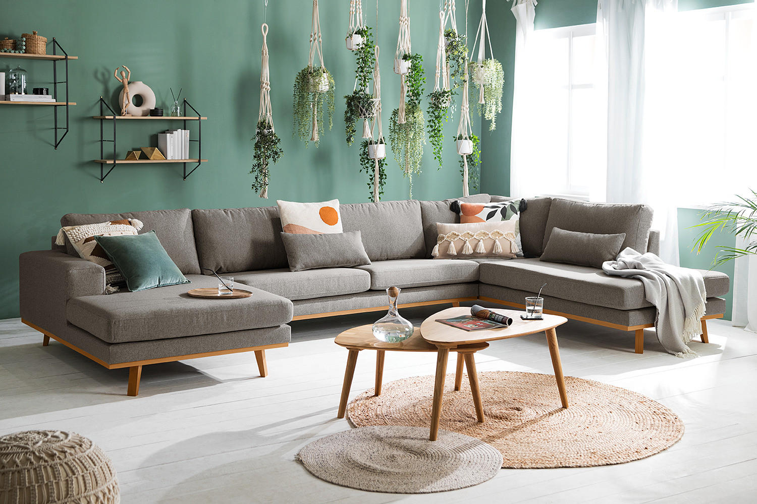 WOHNLANDSCHAFT mit Longchair - Graubraun/Buchefarben, Textil (371/81/219cm) - home24