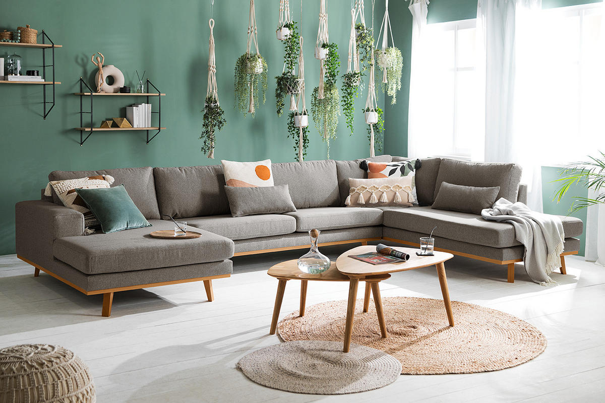 WOHNLANDSCHAFT mit Longchair - Graubraun/Buchefarben, Textil (371/81/219cm) - home24